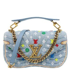 Louis Vuitton  New Wave Embroidered Monogram Denim Chain Shoulder Bag Blue